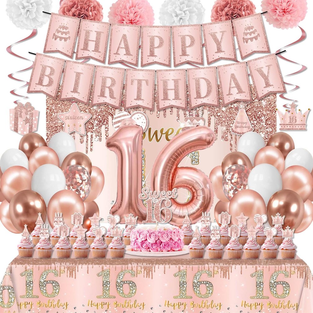 Sweet 16 Party Decorations Include 16 Banner Backdrop Rose Gold, Pink