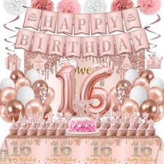 Sweet 16 Party Decorations Include 16 Banner Backdrop Rose Gold, Pink