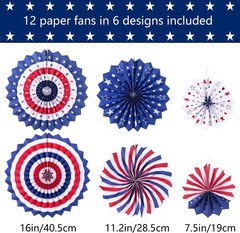 Vibrant 12-Piece Red White Blue Paper Fans for Independence Day Celebrations