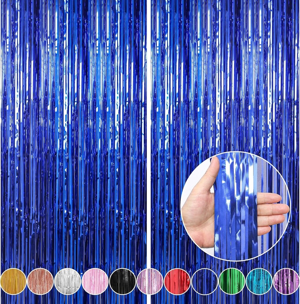 2 Pack 3.3 x 9.9 ft Dark Blue Foil Fringe Curtains Party Decorations, Blue