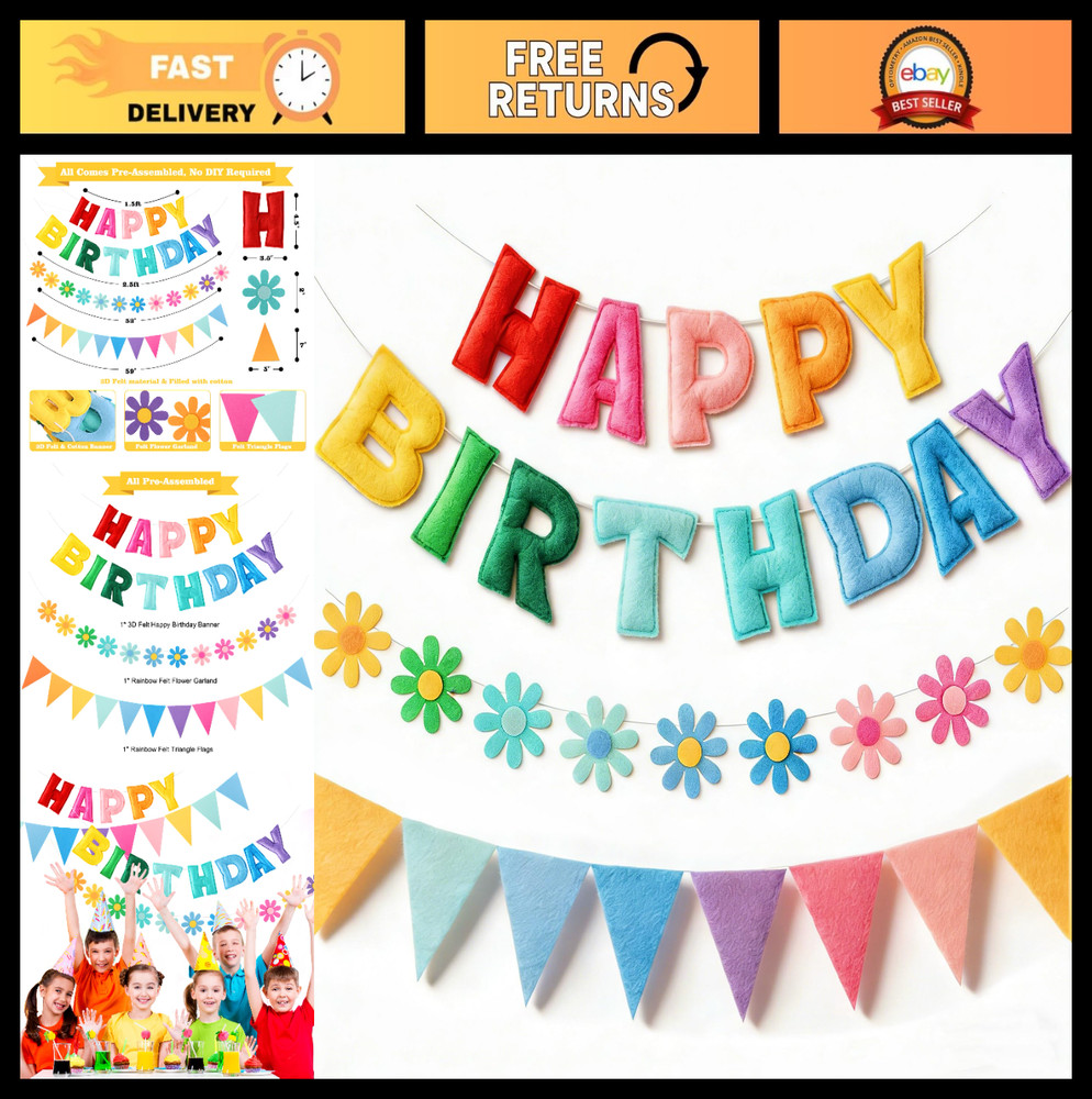 Colorful Happy Birthday Decorations – Pre-Strung 3D Felt Banner, Flower Garland