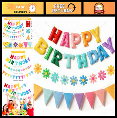 Colorful Happy Birthday Decorations – Pre-Strung 3D Felt Banner, Flower Garland