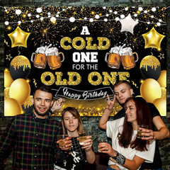 Beer Party Decorations,Black and Gold Happy Birthday Backdrop for Men a Cold One