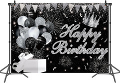 Silver Black Happy Birthday Backdrop 7X5Ft Silver and Black Glitter Birthday