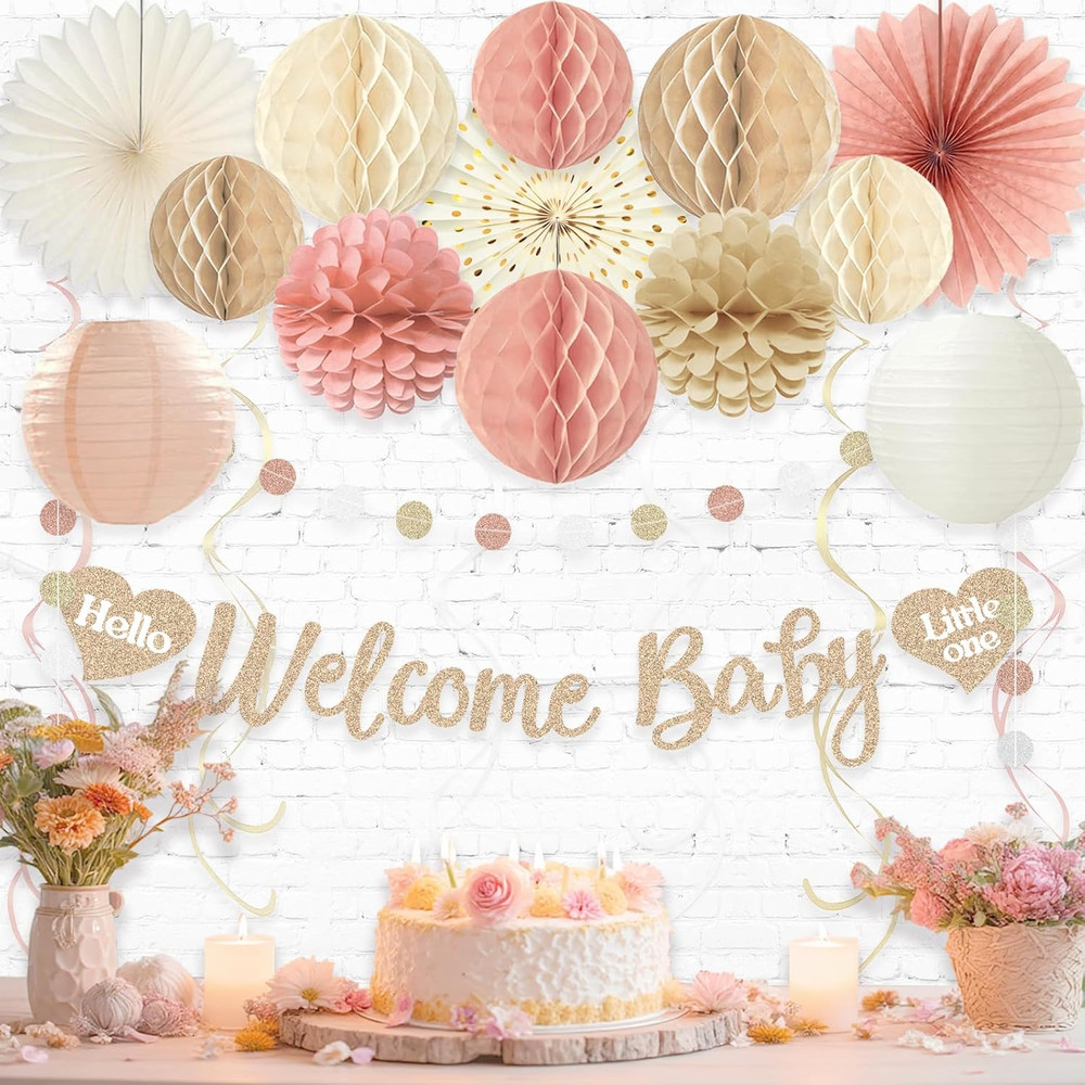 Boho Baby Shower Decorations Girl Pre-Strung Welcome Baby Banner Honeycomb Balls