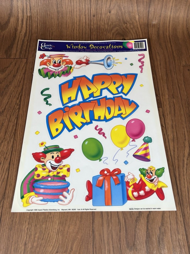 VTG Static Happy Birthday Clowns Balloons Presents 90s Window Cling Decorations