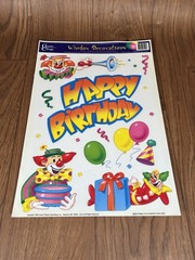 VTG Static Happy Birthday Clowns Balloons Presents 90s Window Cling Decorations