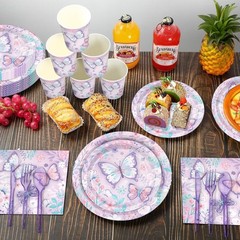 168 Pcs Butterfly birthday Decorations Purple Birthday Tableware Serves 24 guest