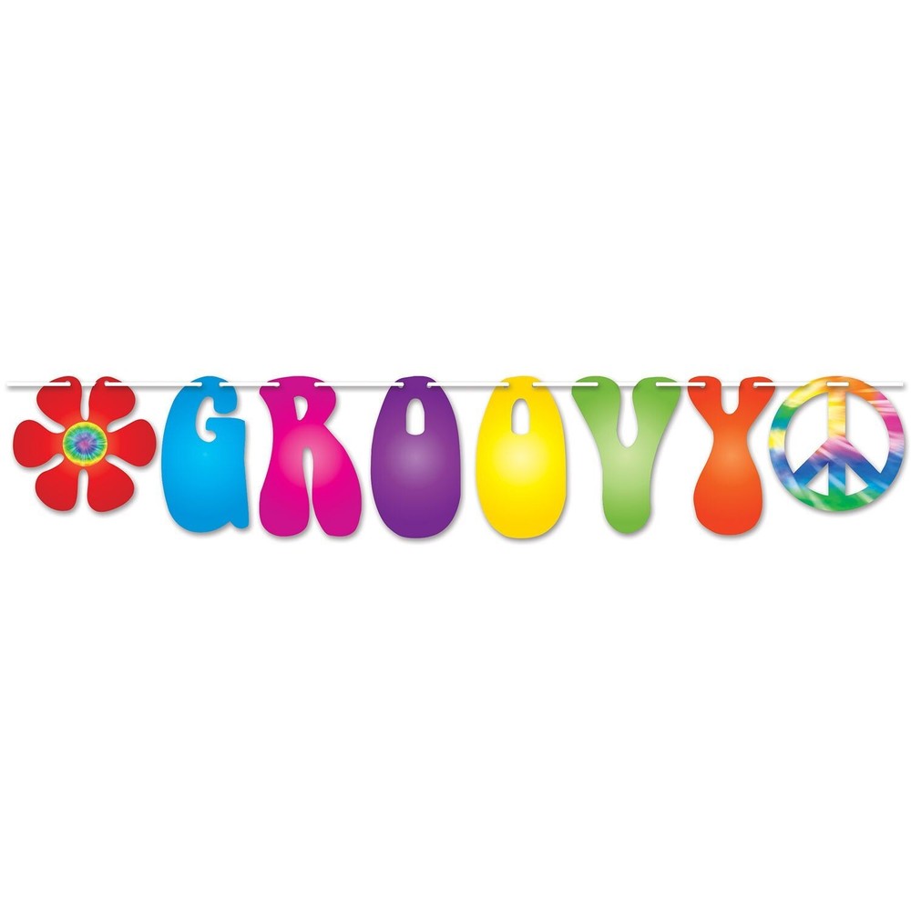 GROOVY STREAMER BANNER PARTY HANGING DECORATION HIPPIE FLOWER PEACE 60s 70s