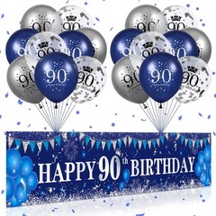 Blue 90th Birthday Decorations for Men Women, Navy Blue Silver Happy 90th Bir…