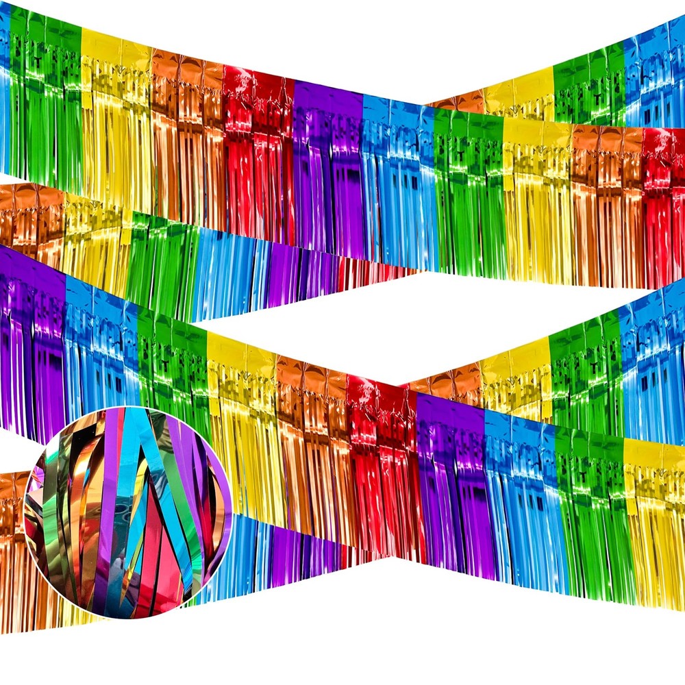 Rainbow Foil Fringe Garland & Tinsel Streamers for Parties, 39 Ft Total Length