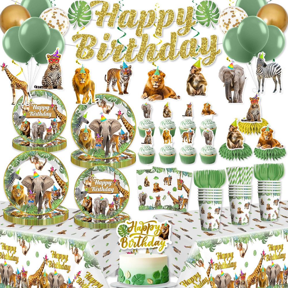 201Pcs Safari Birthday Decorations Tableware Set, 25 Serves Safari Plates and Na