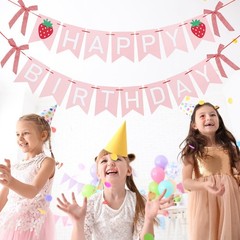 2Pcs Happy Banner, Strawberry Bow, Pink White