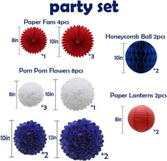16 Pcs Navy Blue Red White Hanging Party Decoration Kit, Tissue Paper Pom Pom…