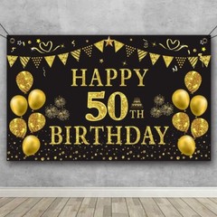 50th Birthday Celebration Backdrop – Lightweight Gold Black 5.9ft x 3.6ft Decor