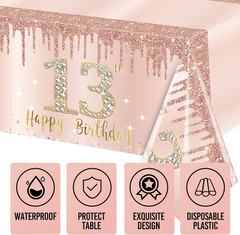 3 Pack 13Th Birthday Tablecloth Decorations for Girls, Pink Rose Gold Happy 13 B