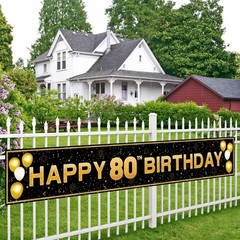 80th Birthday Decorations for Men Women, Large Black Gold Decor 118″ X 20″