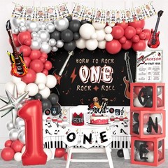 Rock and Roll 1st Birthday Decorations Set – Backdrop, Balloons, Cake Topper & M