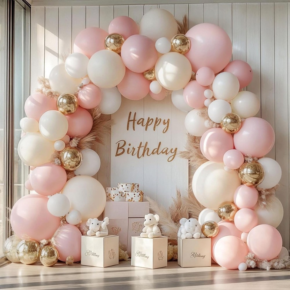 Pink Beige White Balloons Arch Kit 144 pcs Light Pastel Pink Beige Sand Whit…