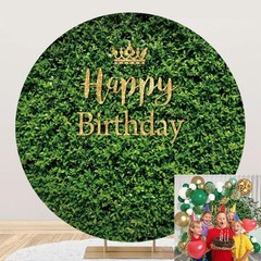 Happy Birthday Round Backdrop – Green Leaves Grass Wall Decor for Party, 6.5ft