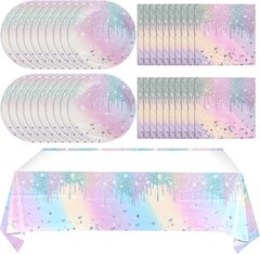 Iridescent Diamond Birthday Supplies Set: 20 Plates, 20 Napkins, 1 Tablecloth