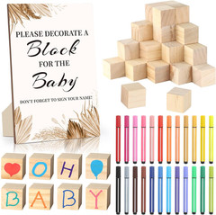 Baby Shower Games Sign Kit with 50 Blank Wooden Blocks, 24 Acrylic Paint Marker