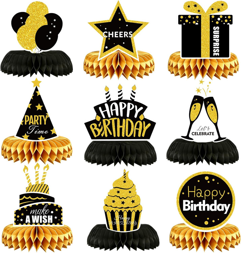 9 Pieces Birthday Table Decorations, Black and Gold Happy Birthday Honeycomb Cen