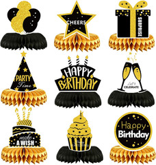 9 Pieces Birthday Table Decorations, Black and Gold Happy Birthday Honeycomb Cen