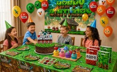 Pixel Birthday Party Decorations Party Supplies Set Including Backdrop Tableware