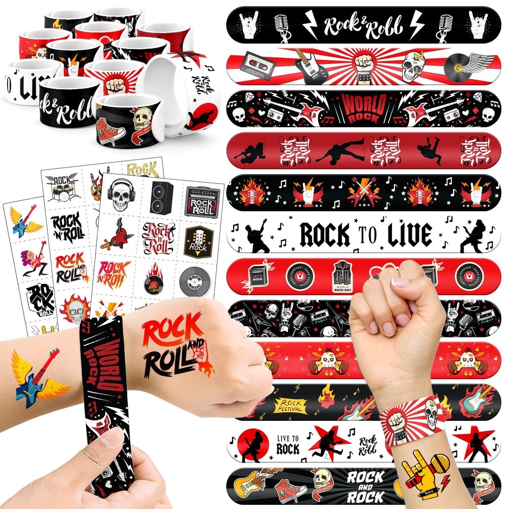 60 PCS Rock and Roll Party Favors Set – 36 Temporary Tattoos & 24 Slap Bracel…