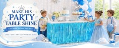 Light Blue Foil Fringe Table Skirt, 2-Pack Disposable Metallic Tinsel Streamers,