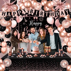 Rose Gold Birthday Party Decorations 63Pcs Rose Gold and Black Happy Birthday…