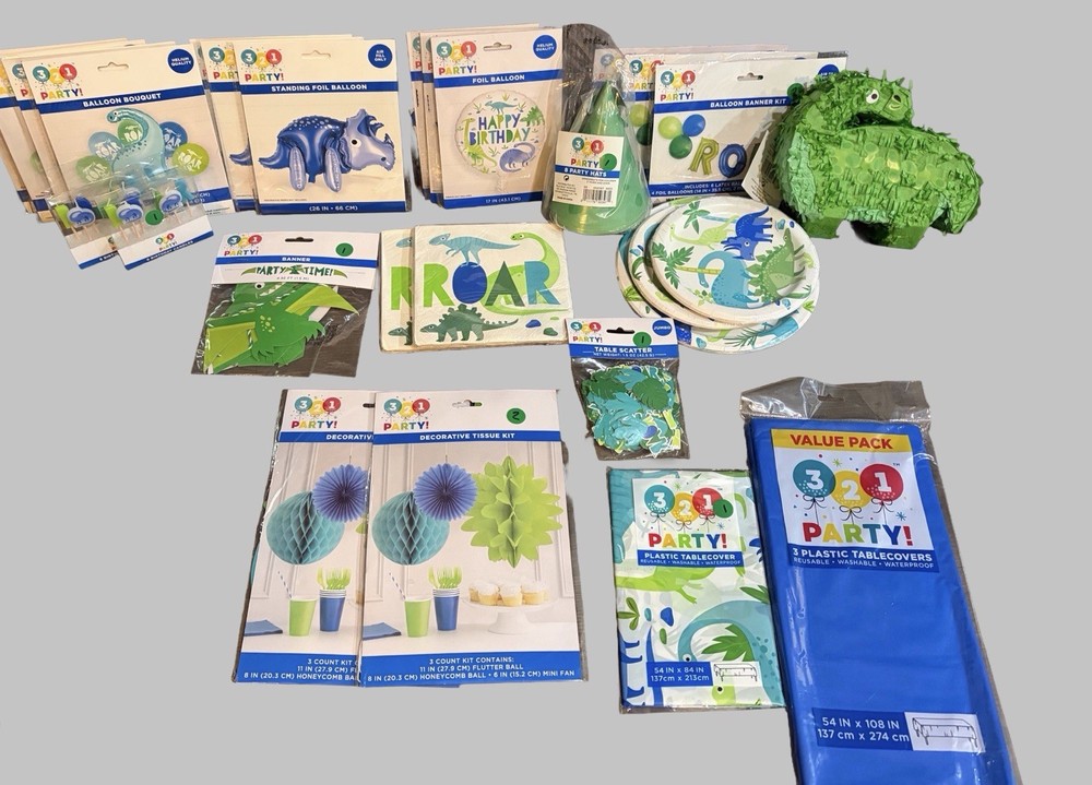 Dinosaur Birthday Party Supplies Bundle Balloons Decor Plates Tablecloth Lot NEW