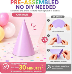 Pre-Assembled Pastel Party Hats for Adults: 24 Pack Cone Birthday Hats with Elas