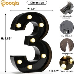 Freestanding Black Number 3 LED Light for Birthdays, Weddings & Home Decor