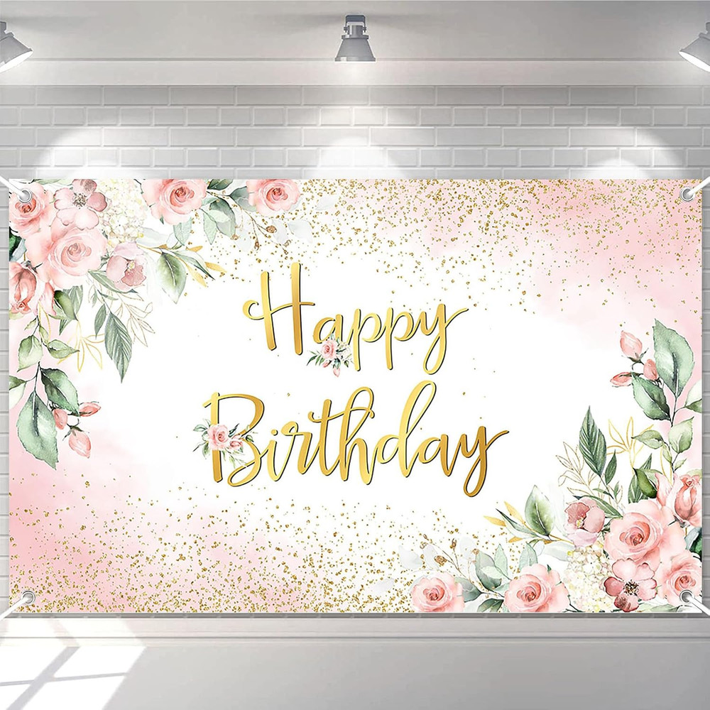 Rose Gold Birthday Backdrop for Women Pink Floral Golden Flash Happy Birthday Pa