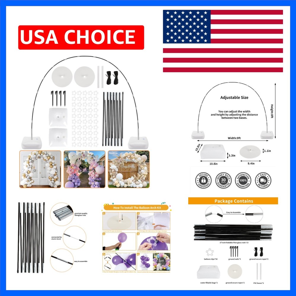 Balloon Arch Kit, 8ft Tall & 9ft Wide Adjustable Balloon Arch Frame Stand wit…