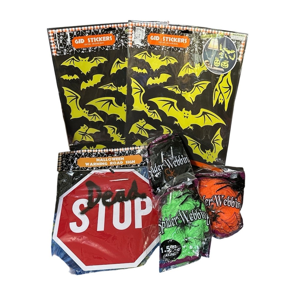 Halloween Décor Lot – Glow Bat Wall Stickers, Spider Webbing, Dead Stop Sign New