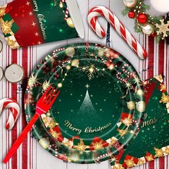 Red Green Christmas Tree Disposible Tableware Set (Plates, Cups, Napkins, Forks)