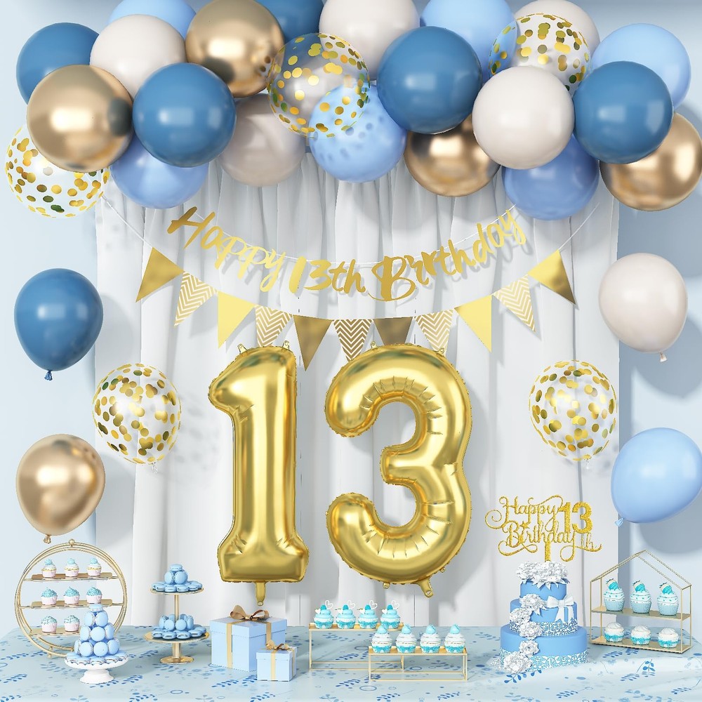 13th Birthday Decorations for Girls Boys, Dusty Blue Cream White Gold 13 Ball…