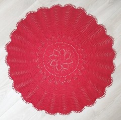 Hand knitted big round red Christmas doily, tablecloth, 100% linen