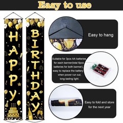 Black Gold Happy Birthday Door Banner Lighted 70.9 x 11.8 inches, black gold