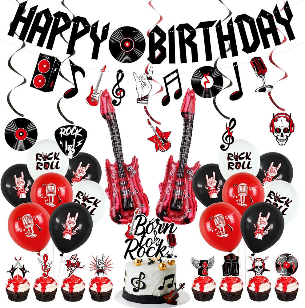 Rock and Roll Birthday Party Decorations – Happy Birthday Banner, Hanging Swirls