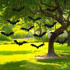 12PCS Halloween Hanging Bat Decorations with Glowing Eyes, Spooky Realistic Hall