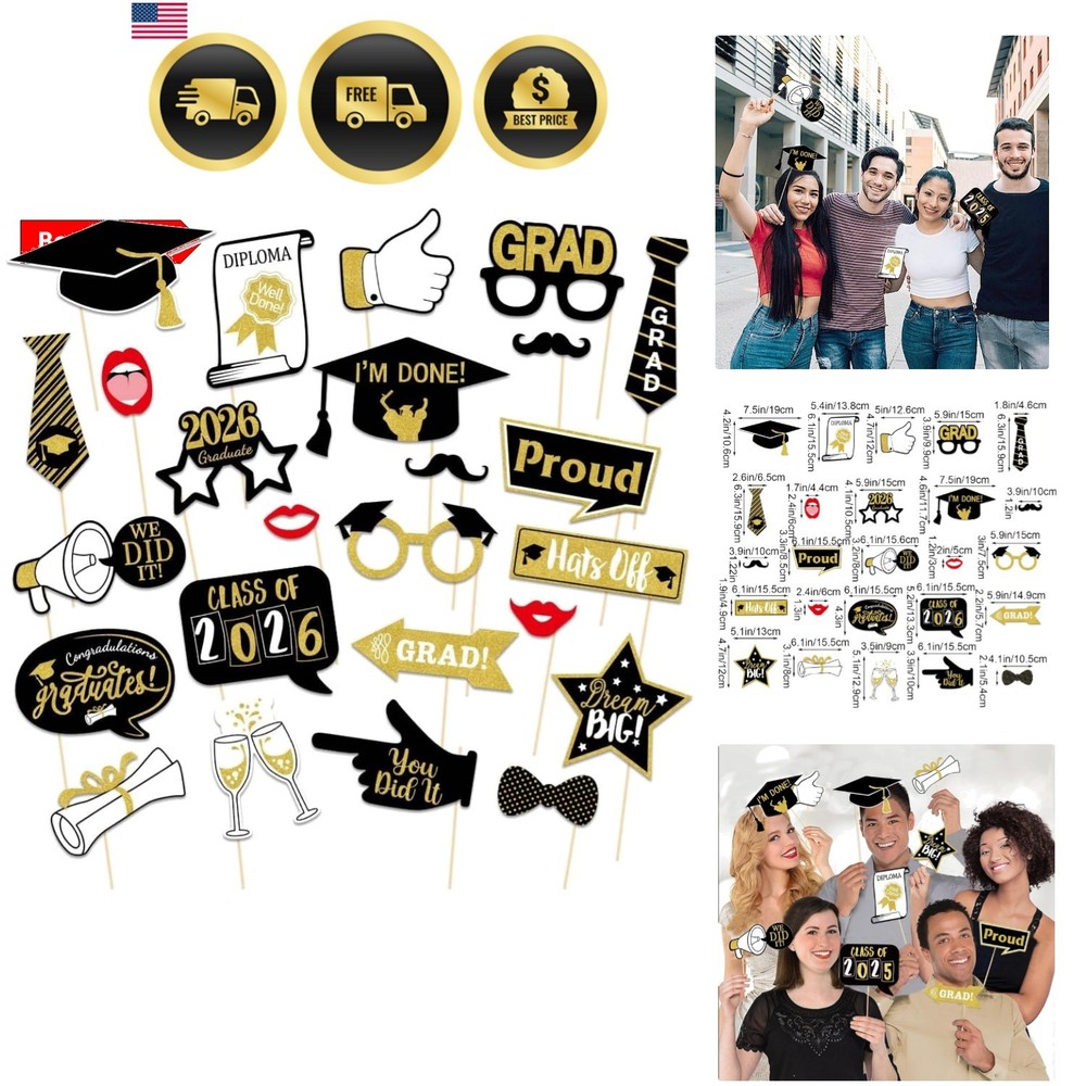 25Pcs Graduation Photo Booth Props Class of 2026 Grad Photo Props Black and G…