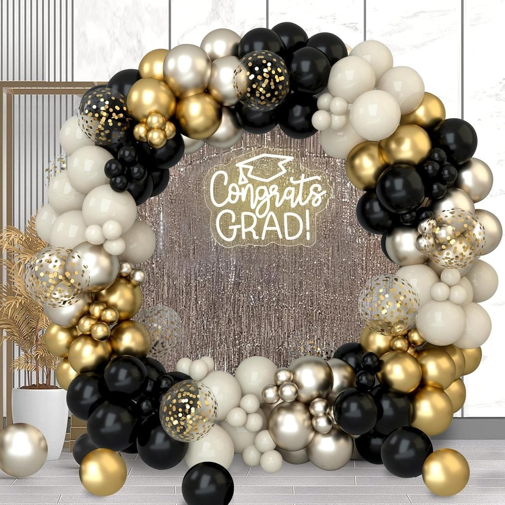 Black and Gold Balloon Garland Arch Kit for Graduation Decorations 2026,152pc…