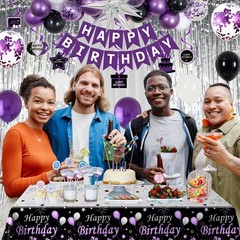Black and Purple Birthday Decorations for Women Girls, Happy Birthday Decoration