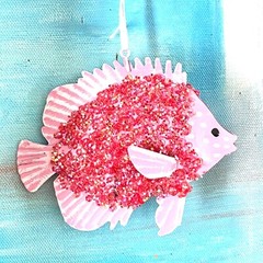 Pink Fish Metal Ornament – Bead Sequin Lightweight Nautical Mermaid Tropical