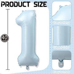 Big Number 1 Balloons, Light Matte Sky Blue Foil 1 Balloon Numbers 40 Inch, G…