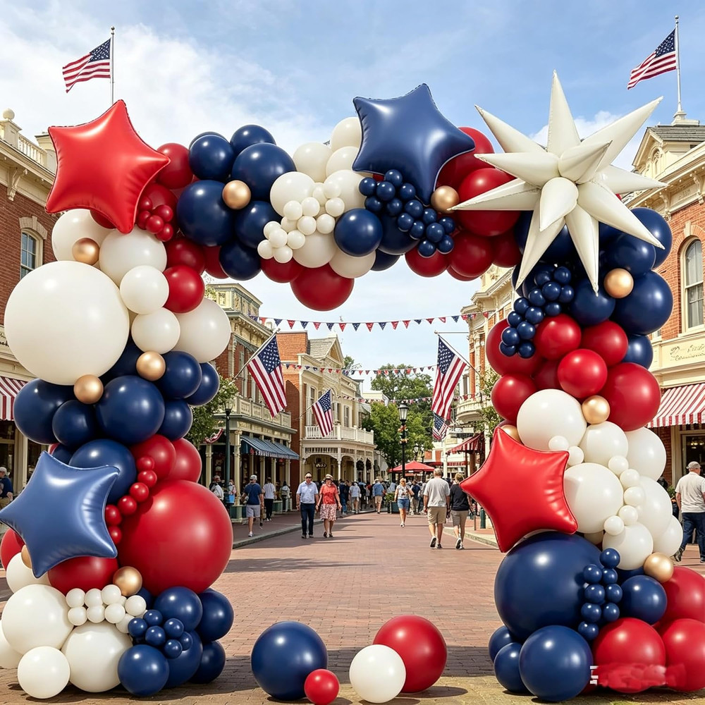 Patriotic Balloon Arch Kit – Navy Blue, White, Gold, and Red for Celebrations